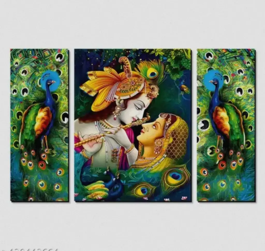 Divine Radha Krishna And Peacock Wall Art Set of 3 Pieces