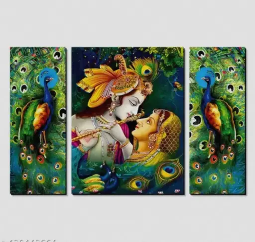 Divine Radha Krishna And Peacock Wall Art Set of 3 Pieces